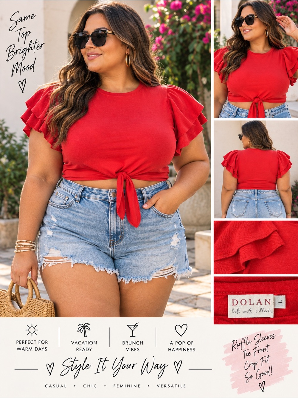 Dolan Red Ruffle Sleeve Tie Front Crop Top L Romantic Vacation